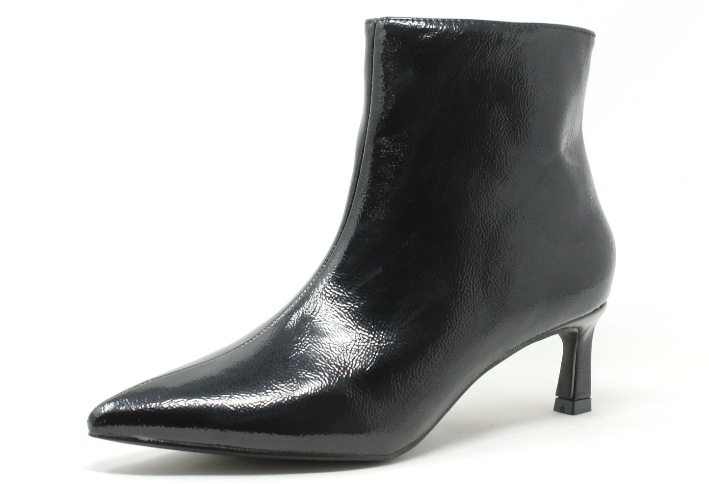 Black patent leather ankle boot on a white background
