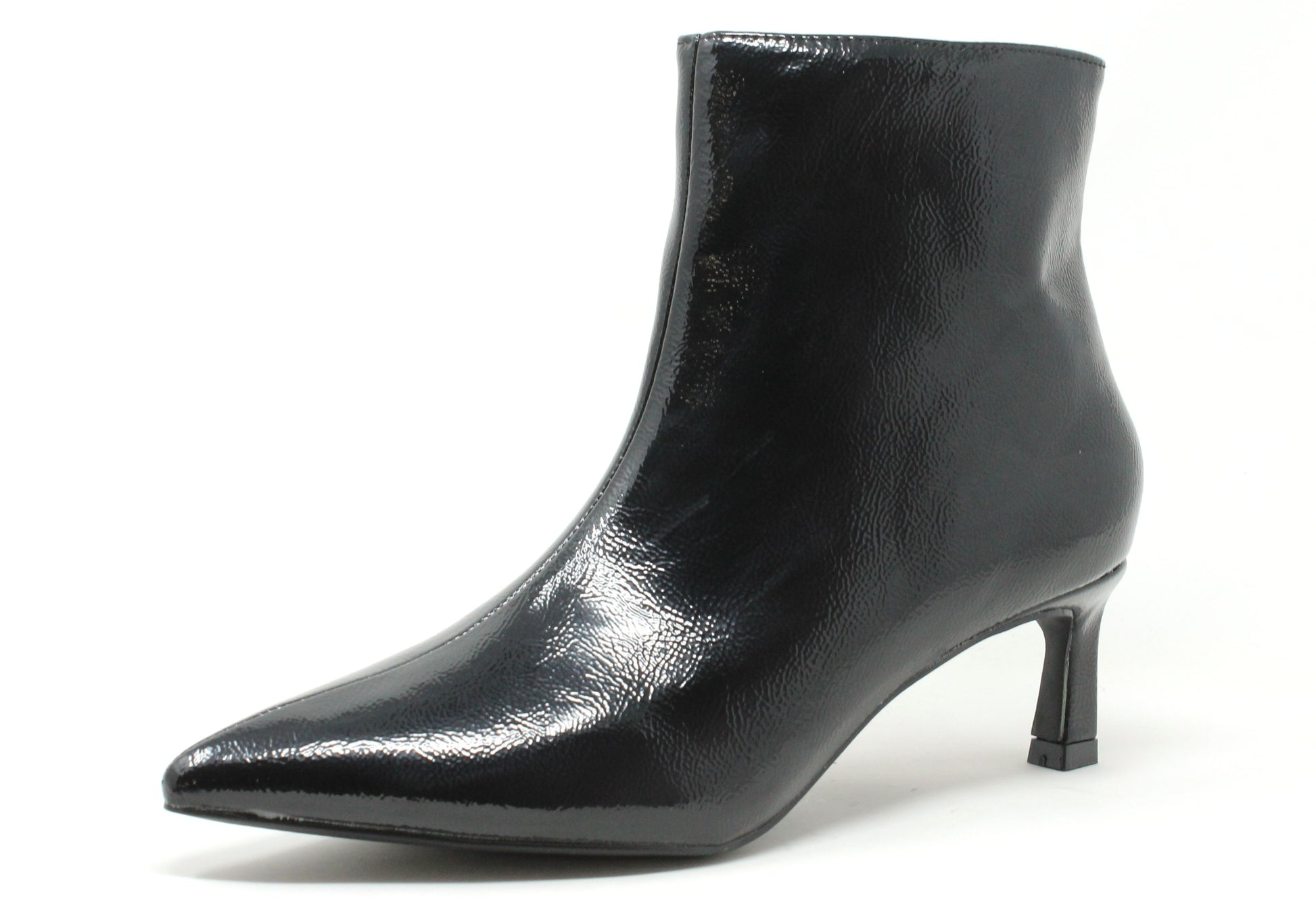 Black patent leather ankle boot on a white background