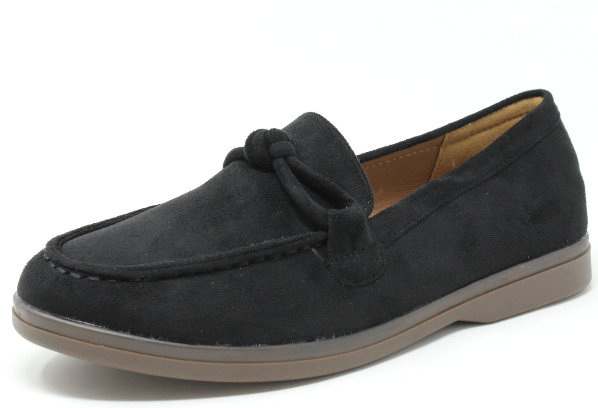 Black loafer shoe with a knot on a white background