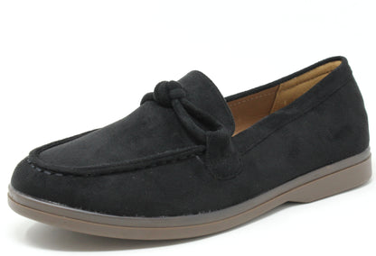 Black loafer shoe with a knot on a white background