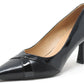 Black patent leather high heel shoe on a white background