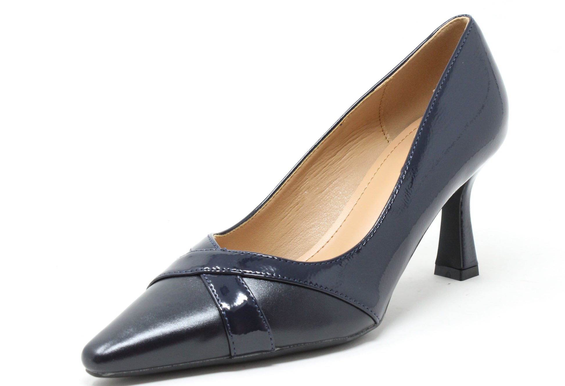 Navy blue high-heeled shoe on a white background