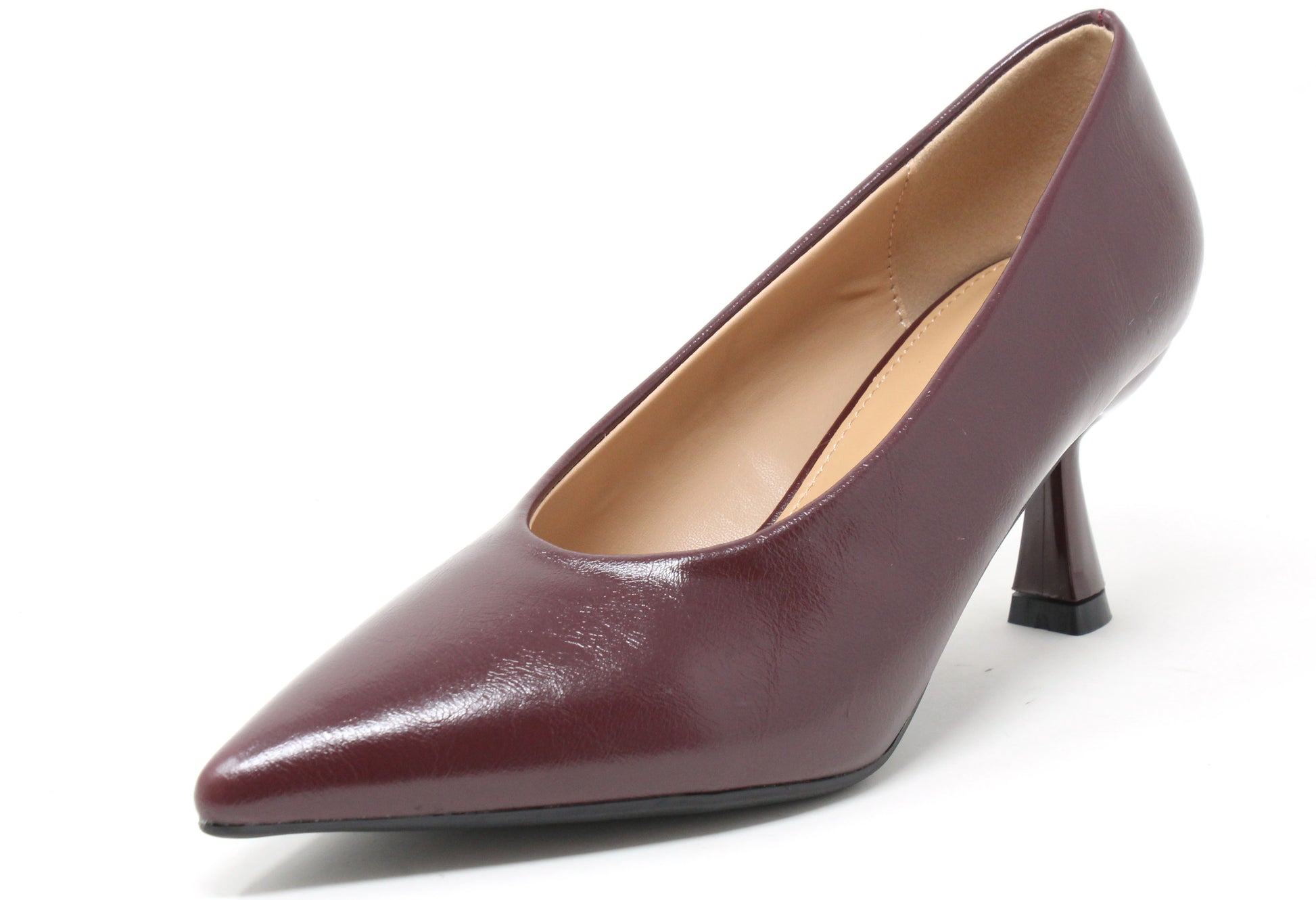 Maroon high-heeled shoe on a white background