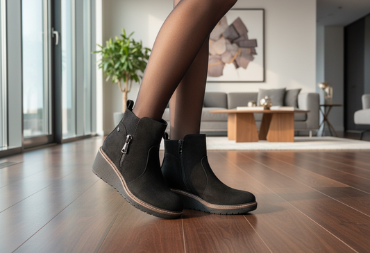 Beige faux suede wedge boot with decorative brass zip on a models foot