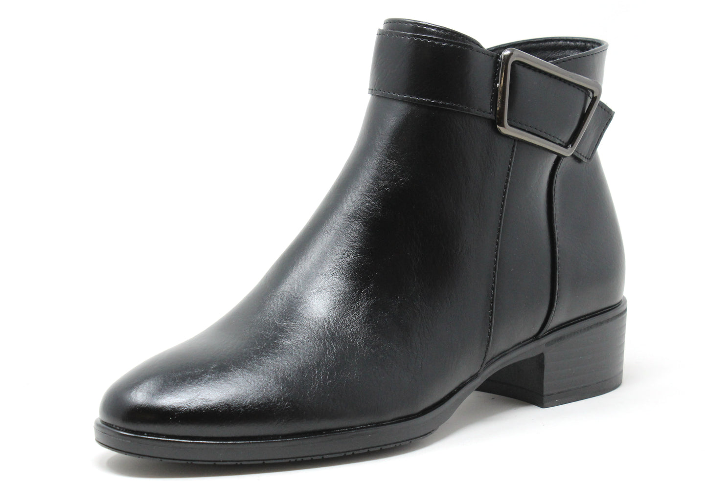 Black leather ankle boot with a buckle on a white background