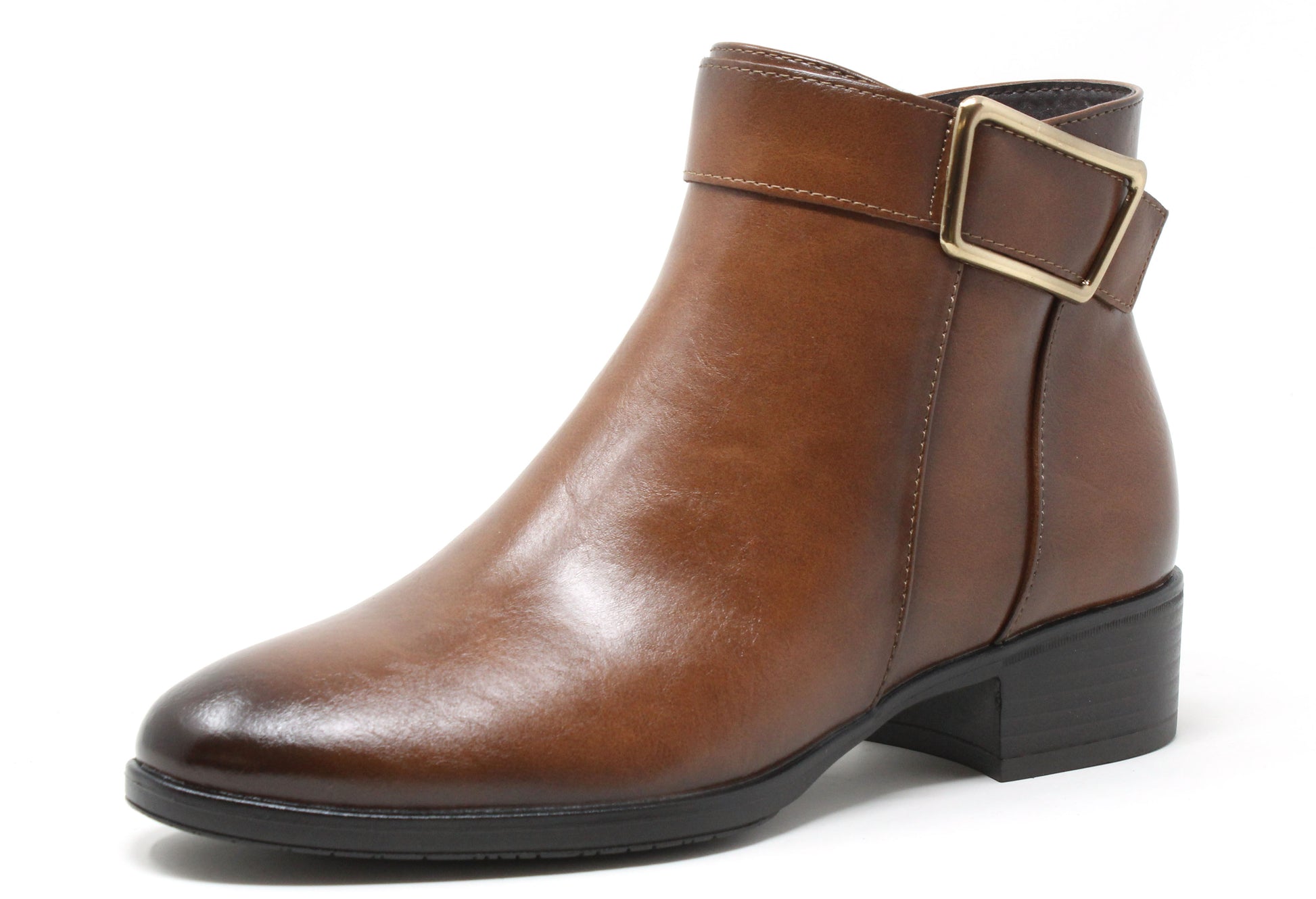 Brown leather ankle boot with a gold buckle on a white background