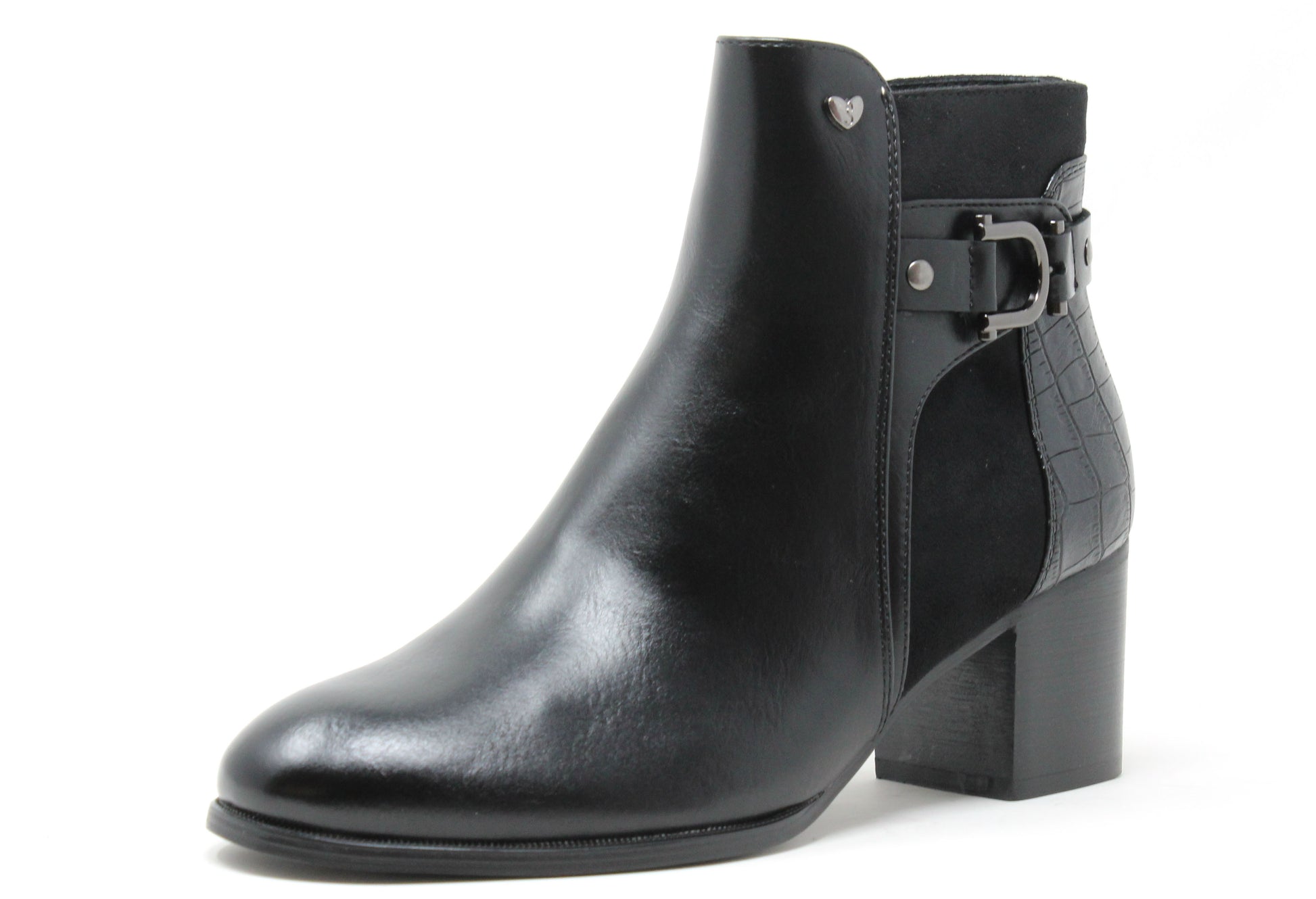 Black leather ankle boot with a buckle on a white background