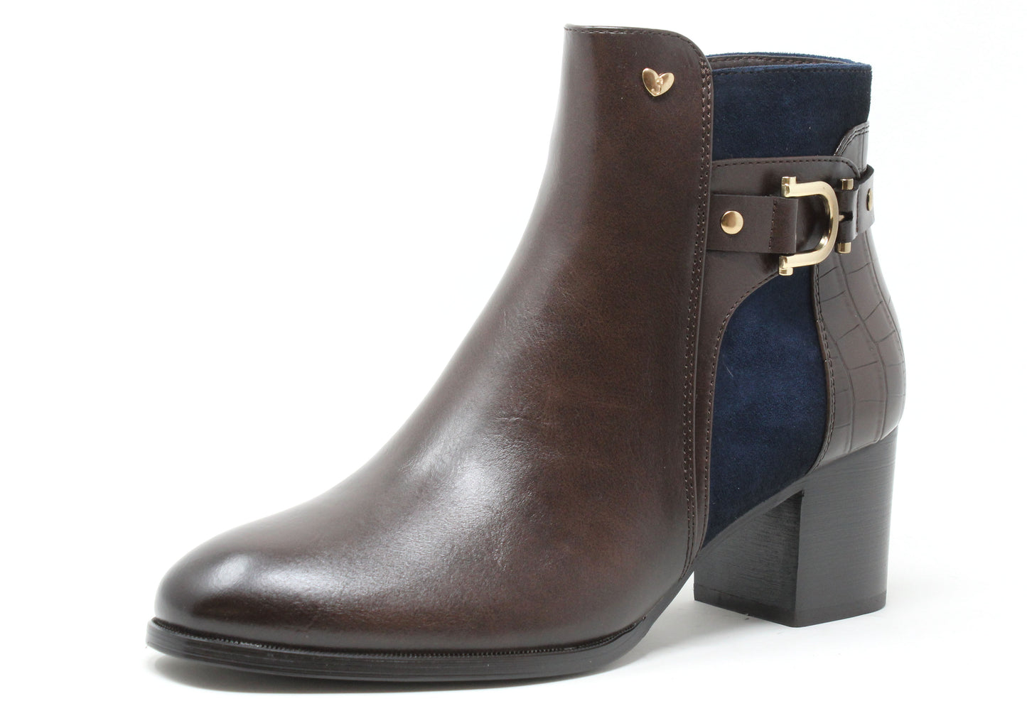 Brown ankle boot with gold buckle on a white background