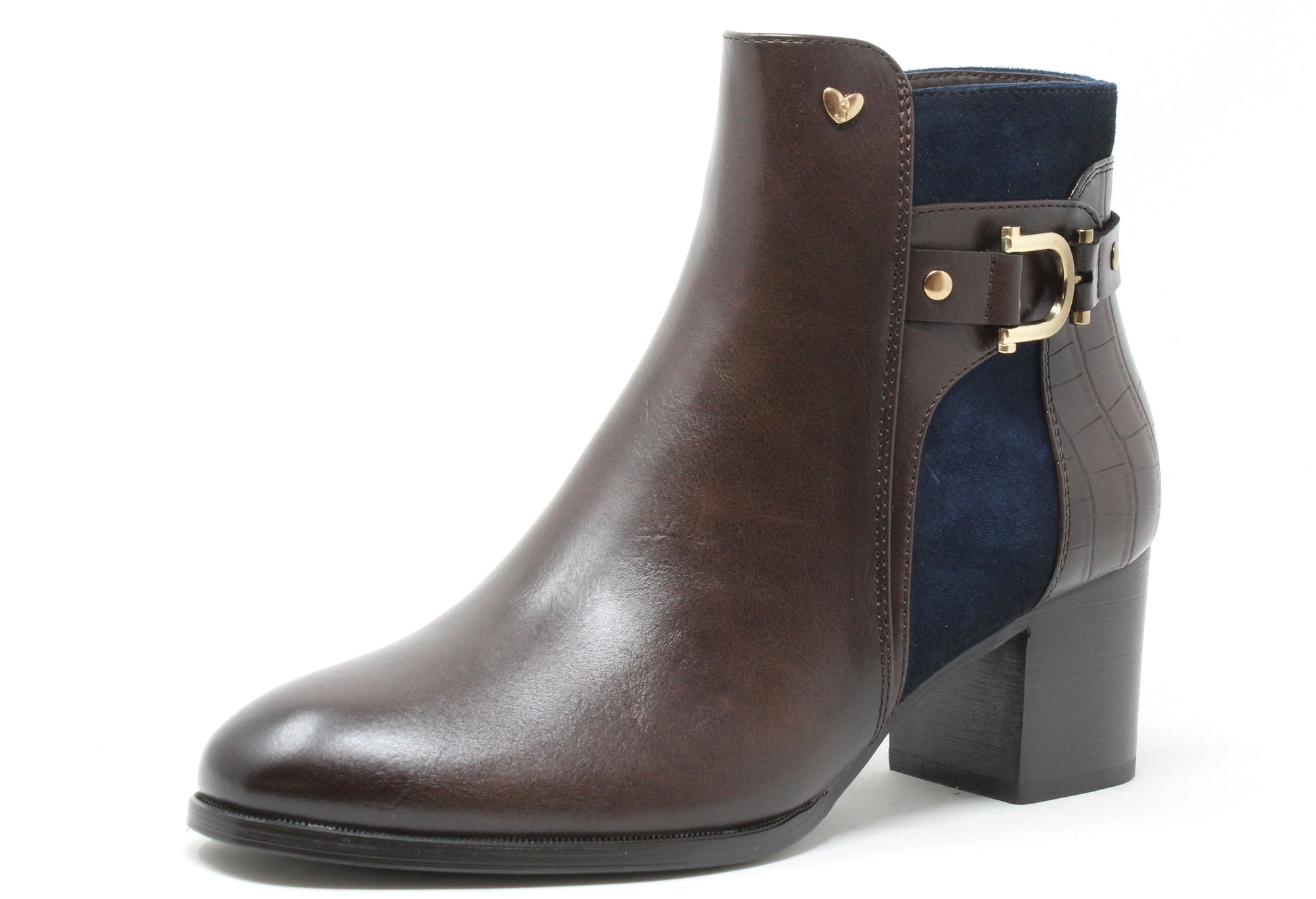 Brown ankle boot with gold buckle on a white background