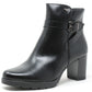 Black leather ankle boot with a buckle on a white background