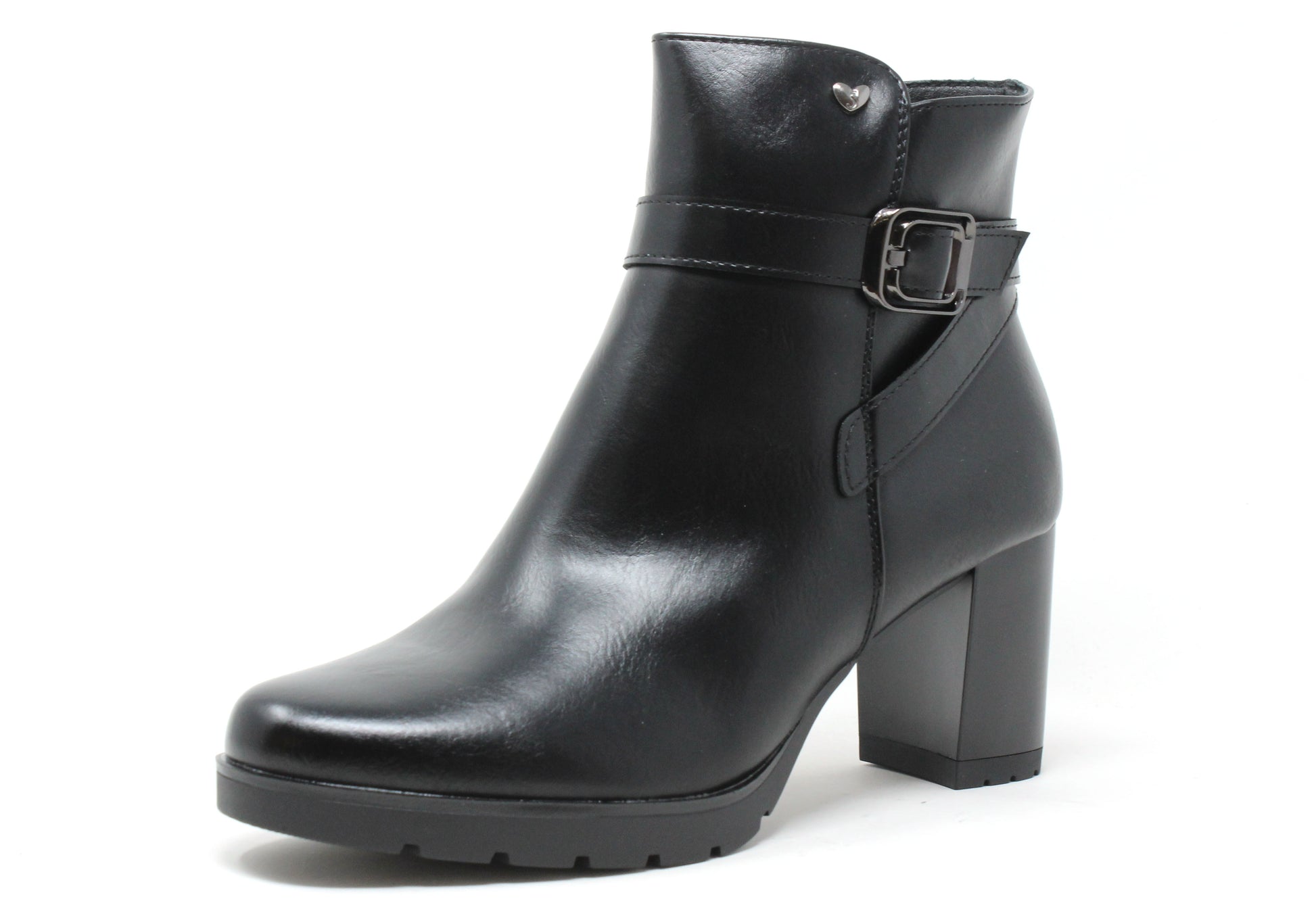Black leather ankle boot with a buckle on a white background
