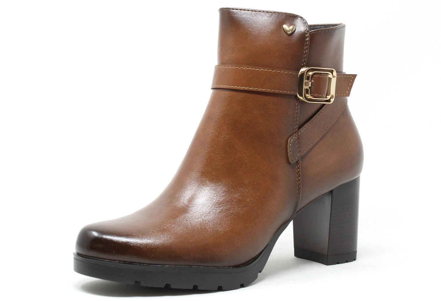 Brown ankle boot with a gold buckle on a white background