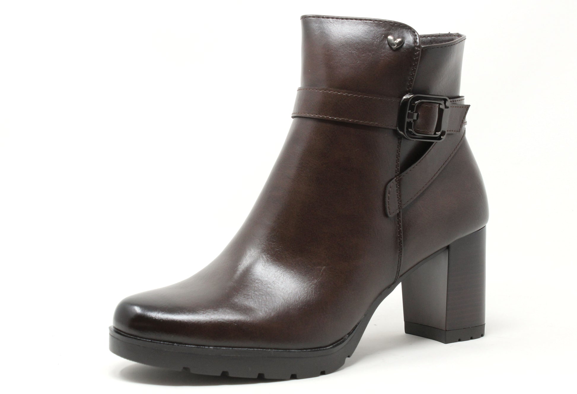 Brown leather ankle boot with a buckle on a white background