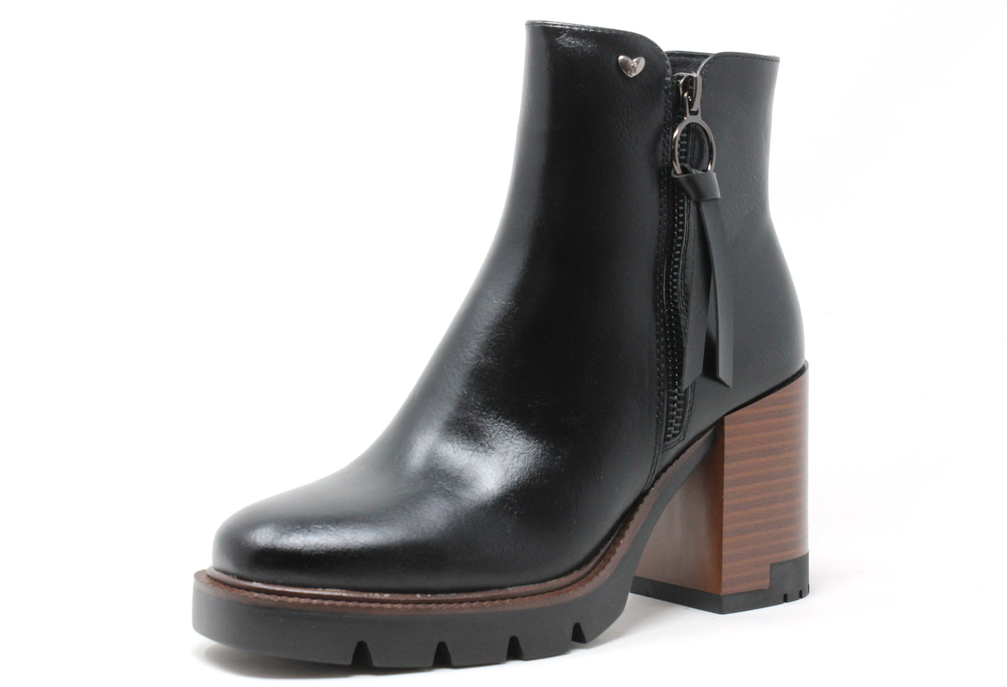 Black leather ankle boot with a brown block heel on a white background