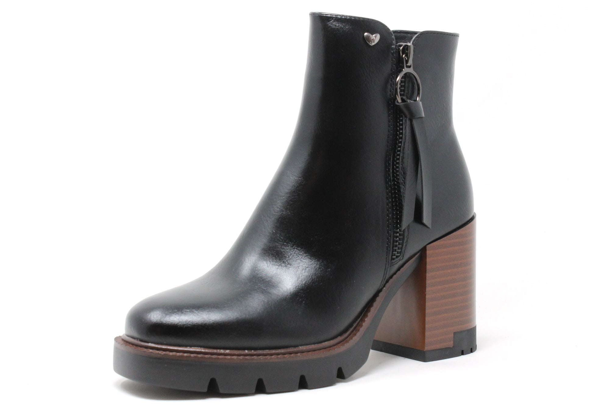 Black leather ankle boot with a brown block heel on a white background