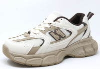 White and brown athletic shoe on a white background