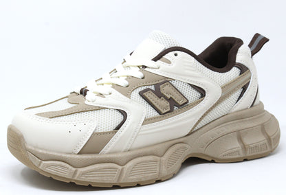White and brown athletic shoe on a white background
