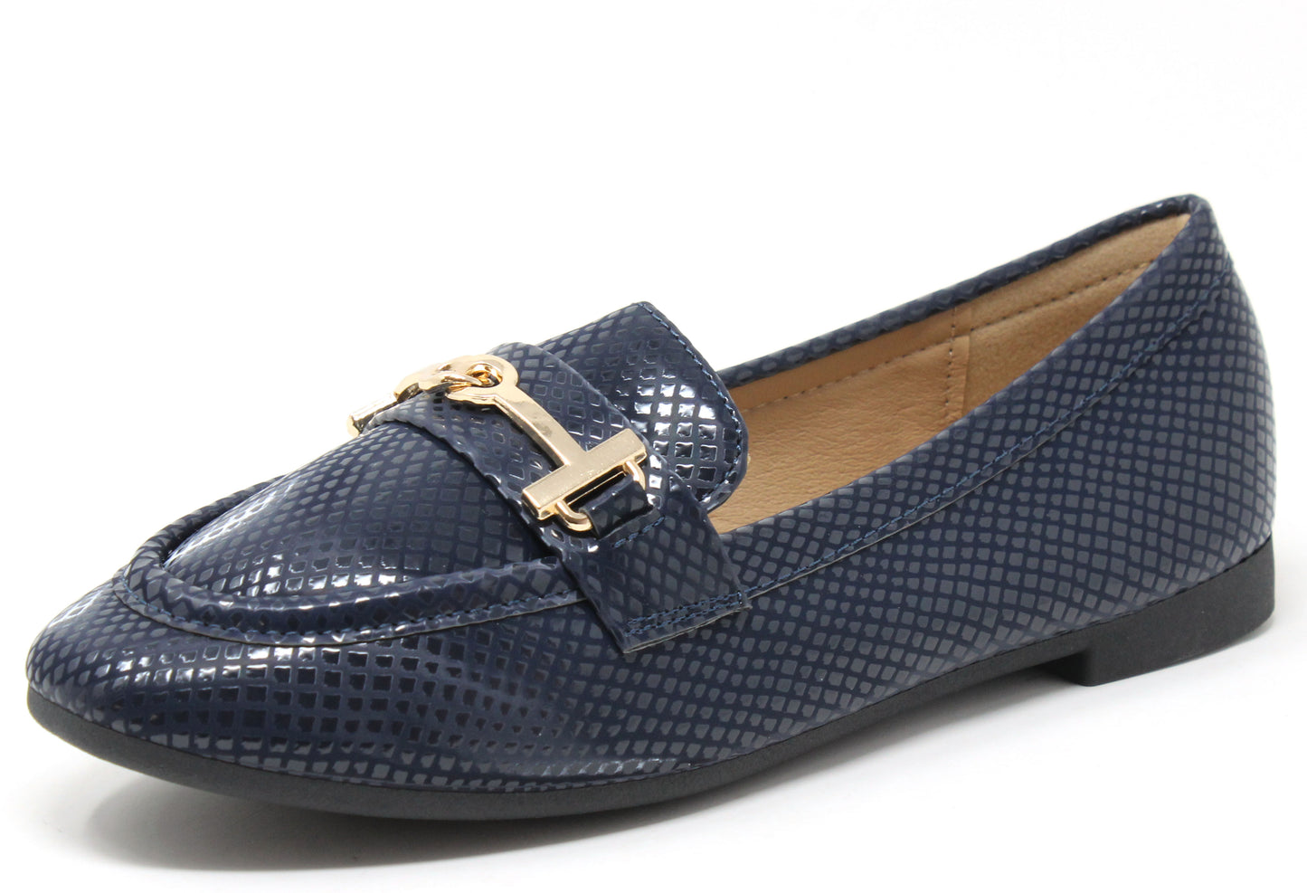 faux snake effect loafer with gold buckle on a white background