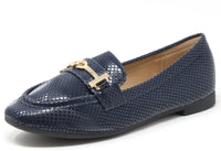 faux snake effect loafer with gold buckle on a white background