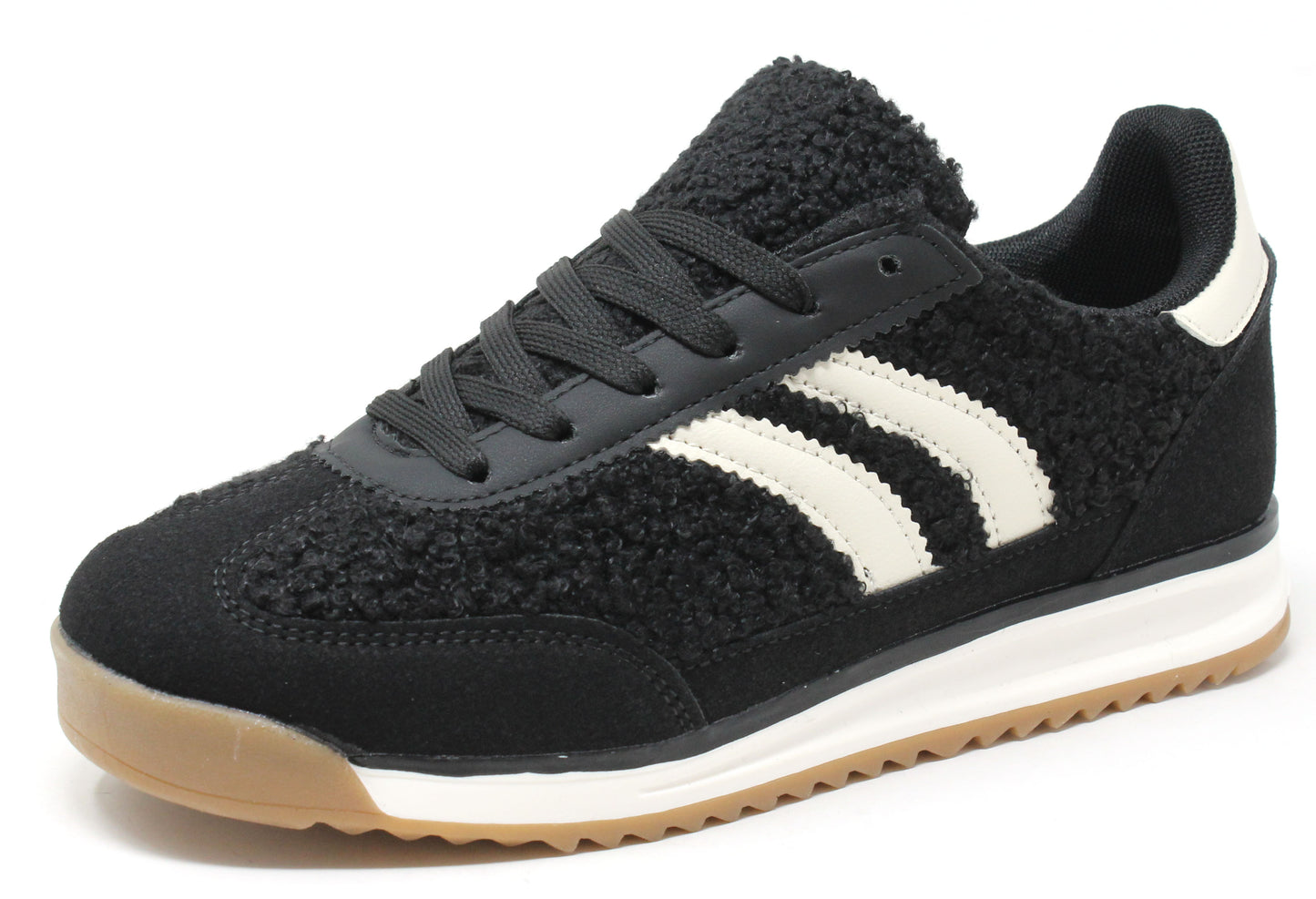 Black sneaker with white stripes on a white background