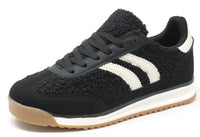 Black sneaker with white stripes on a white background