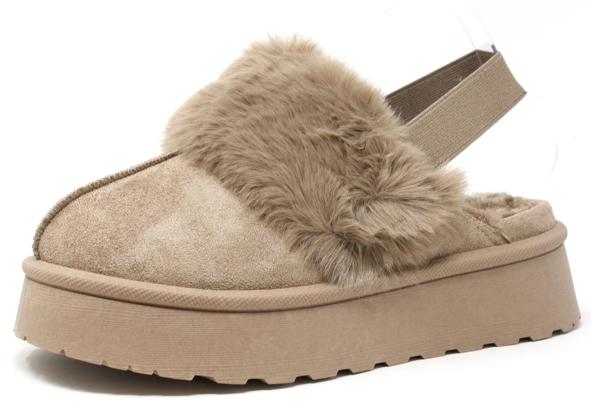 faux fur slip on boot with an elasticated ankle strap. Platform Sole