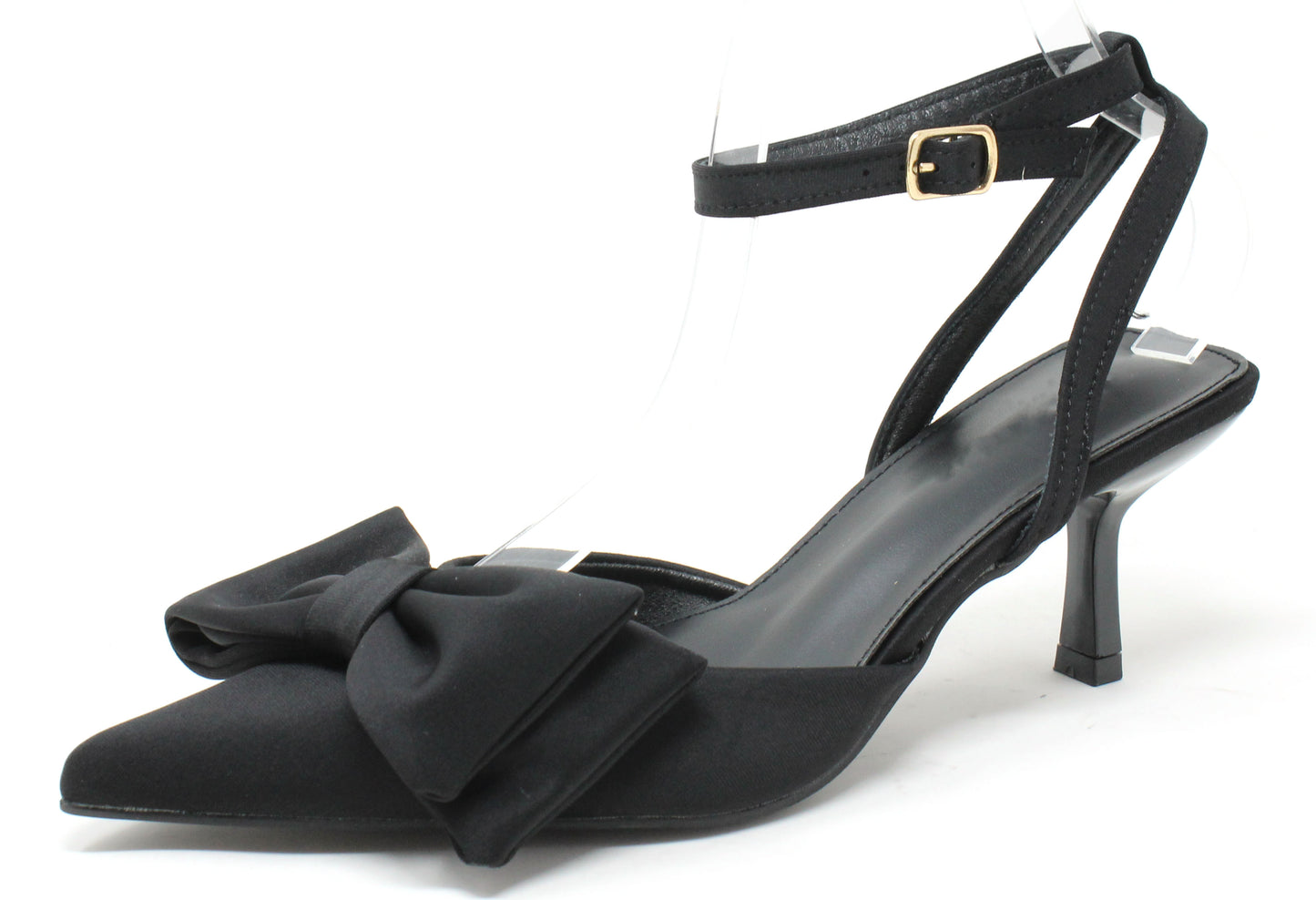 Black high-heeled shoes with bow detail on a white background