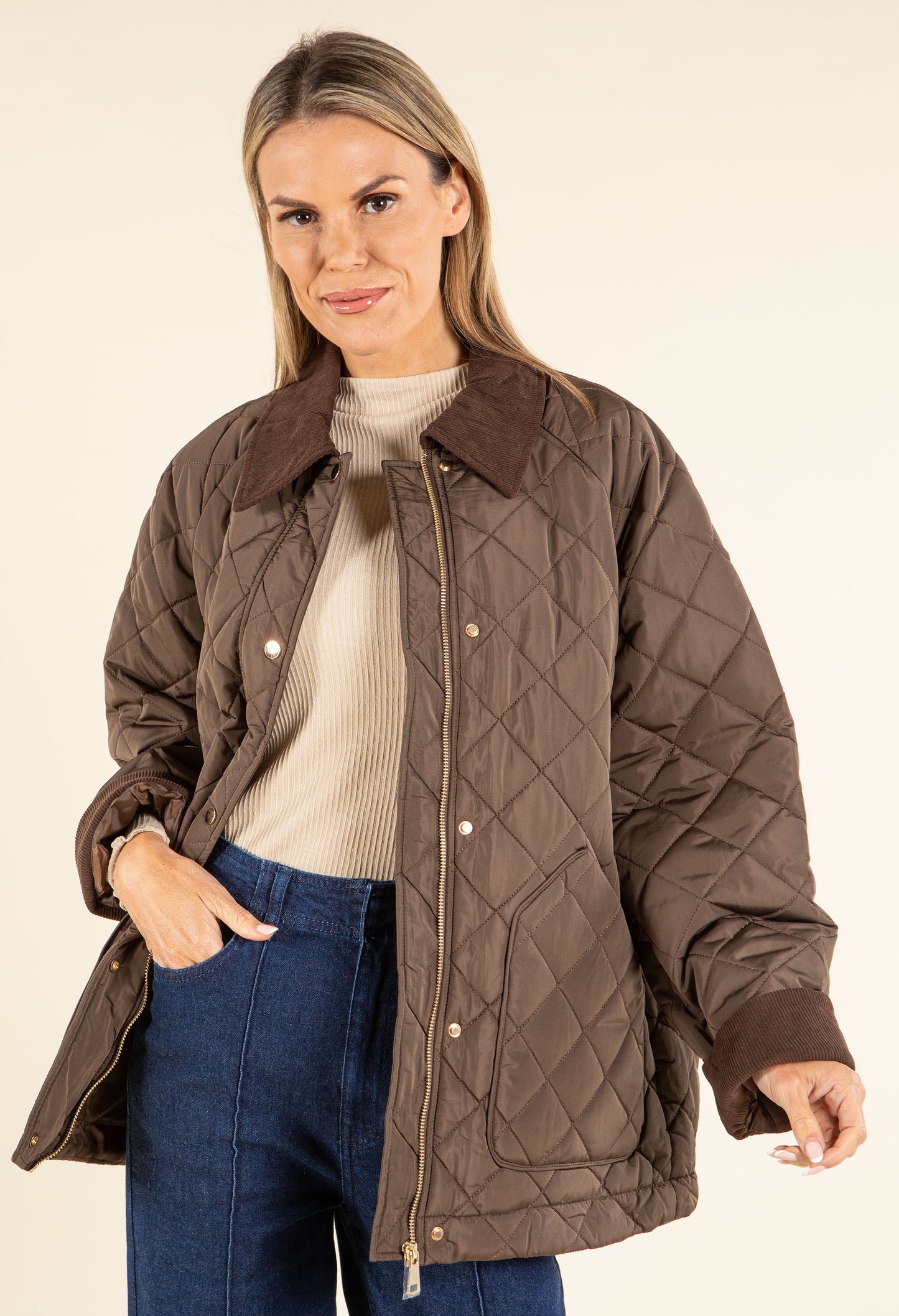 Corduroy Trim Quilted Jacket