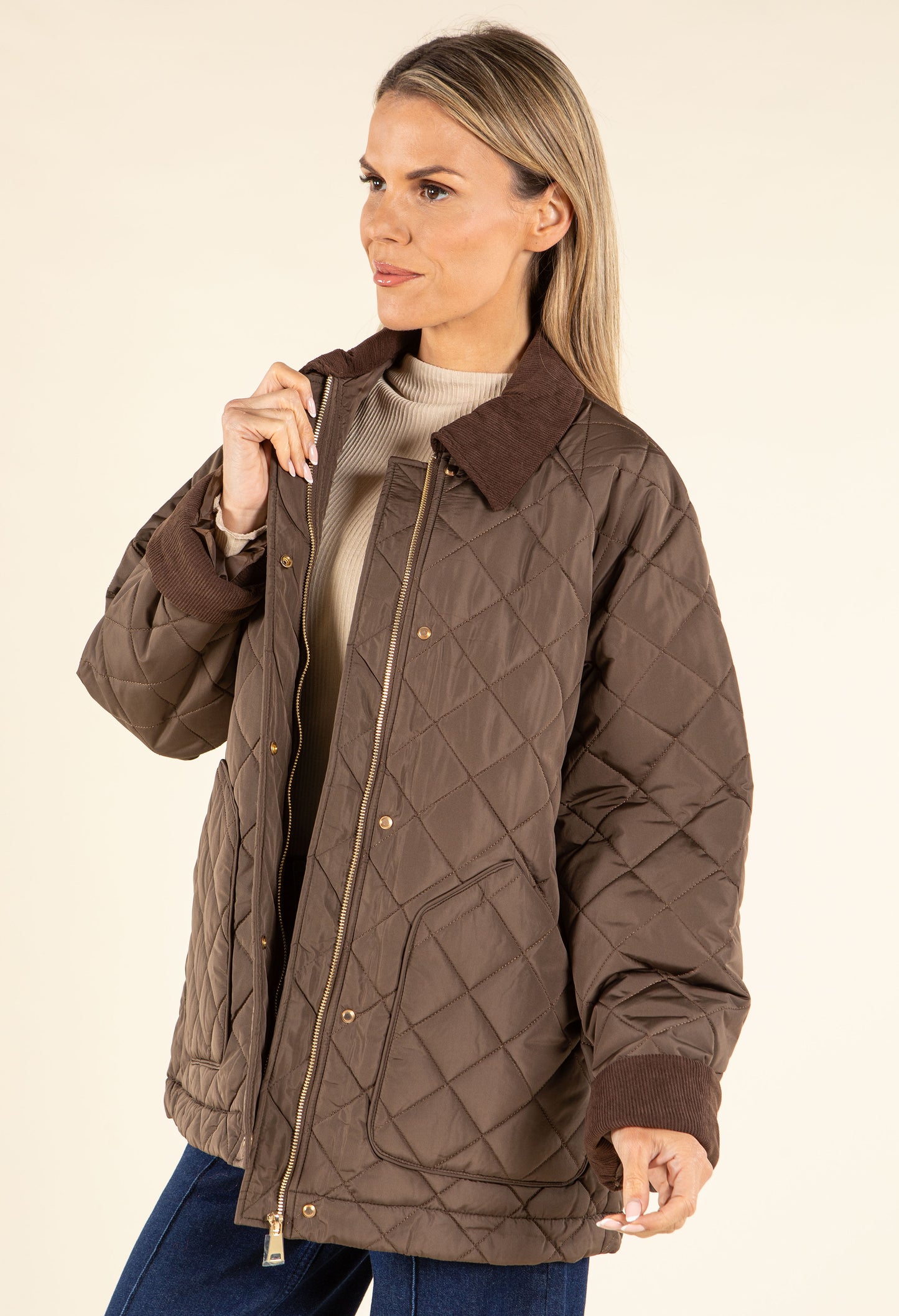 Corduroy Trim Quilted Jacket