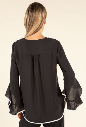 Contrast Trim Flared Blouse