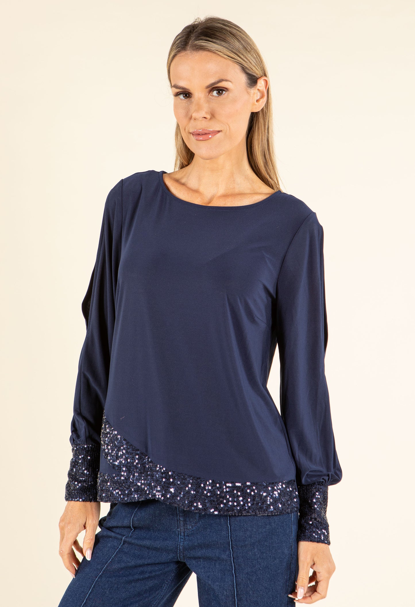 Glimmer Touch Slit-Sleeve Top