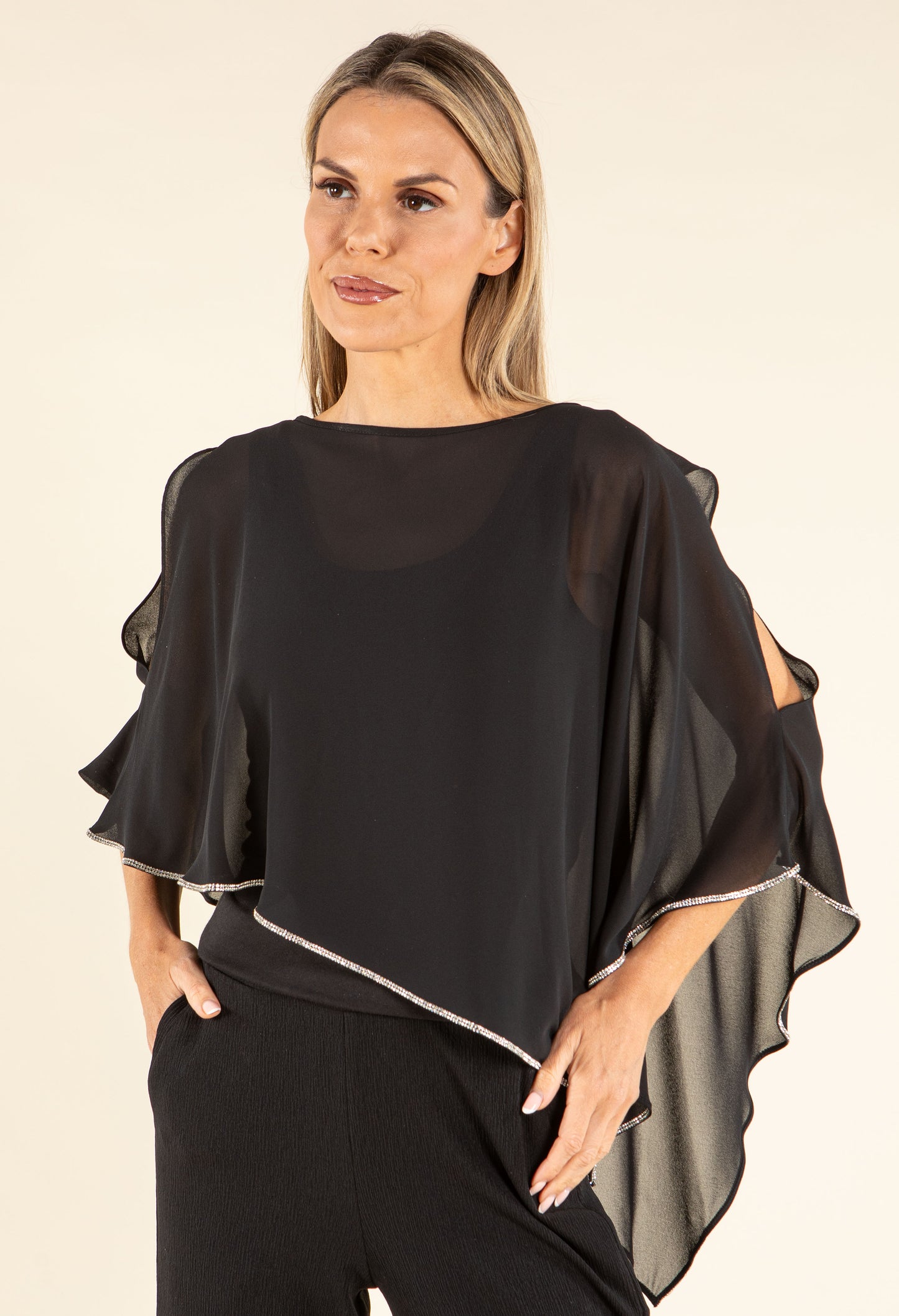 Rhinestone Trim Chiffon Poncho