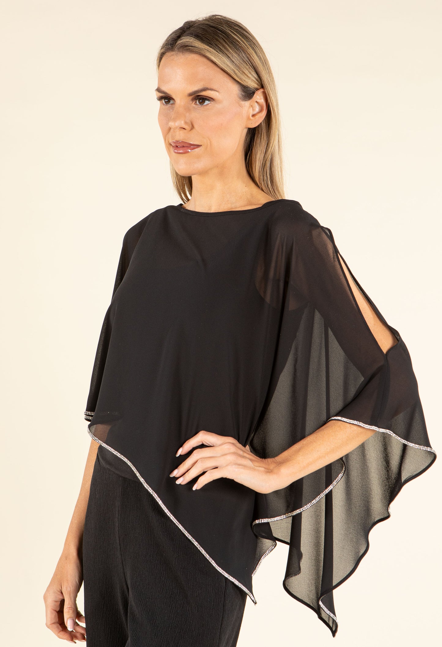Rhinestone Trim Chiffon Poncho