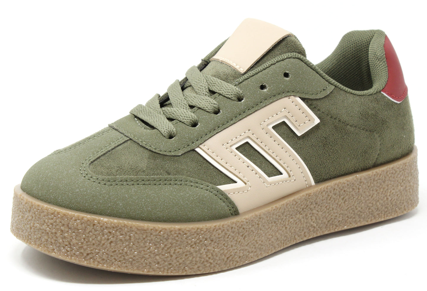 Green sneaker with beige accents on a white background