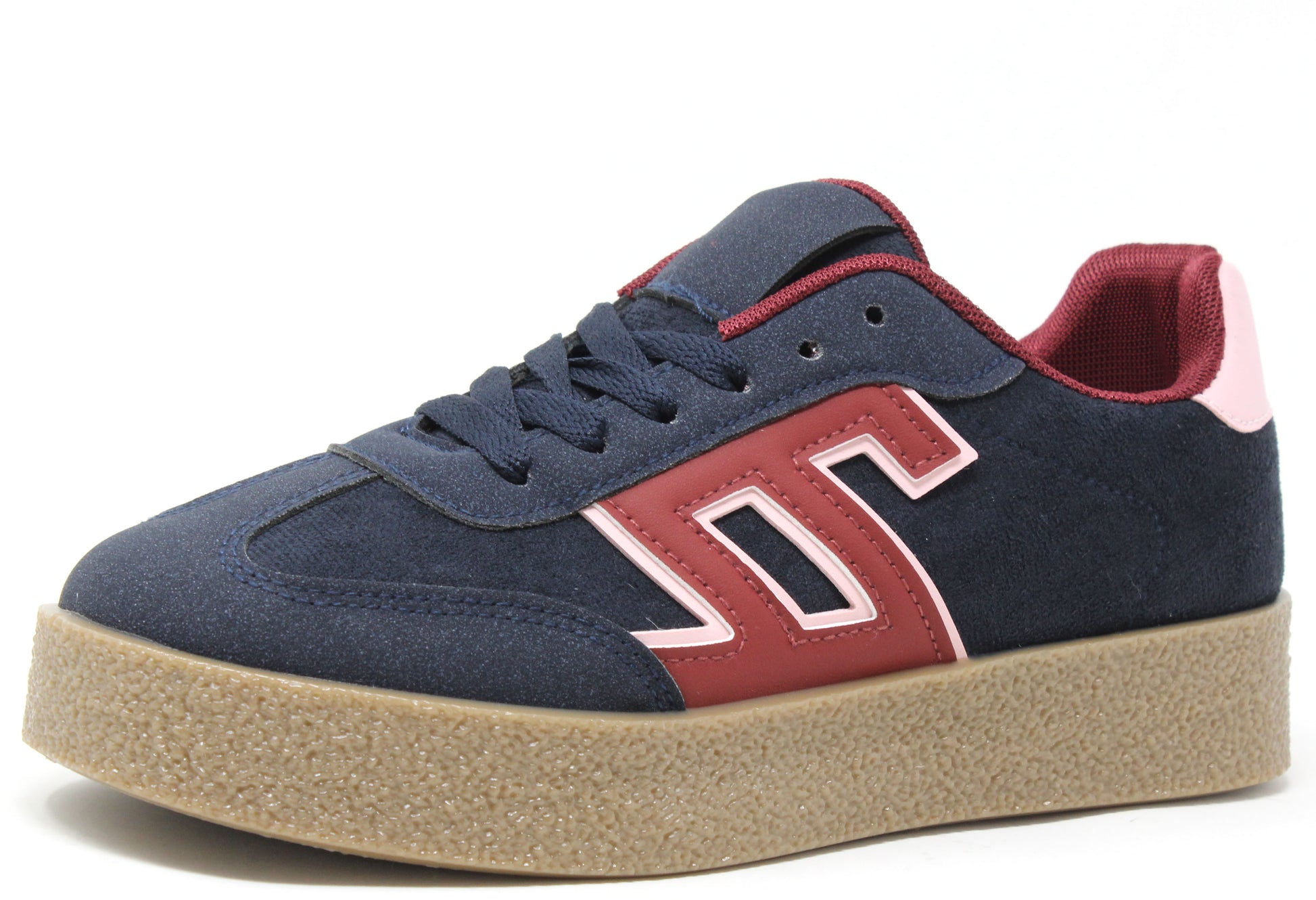 Navy and red sneaker with a prominent logo on a white background