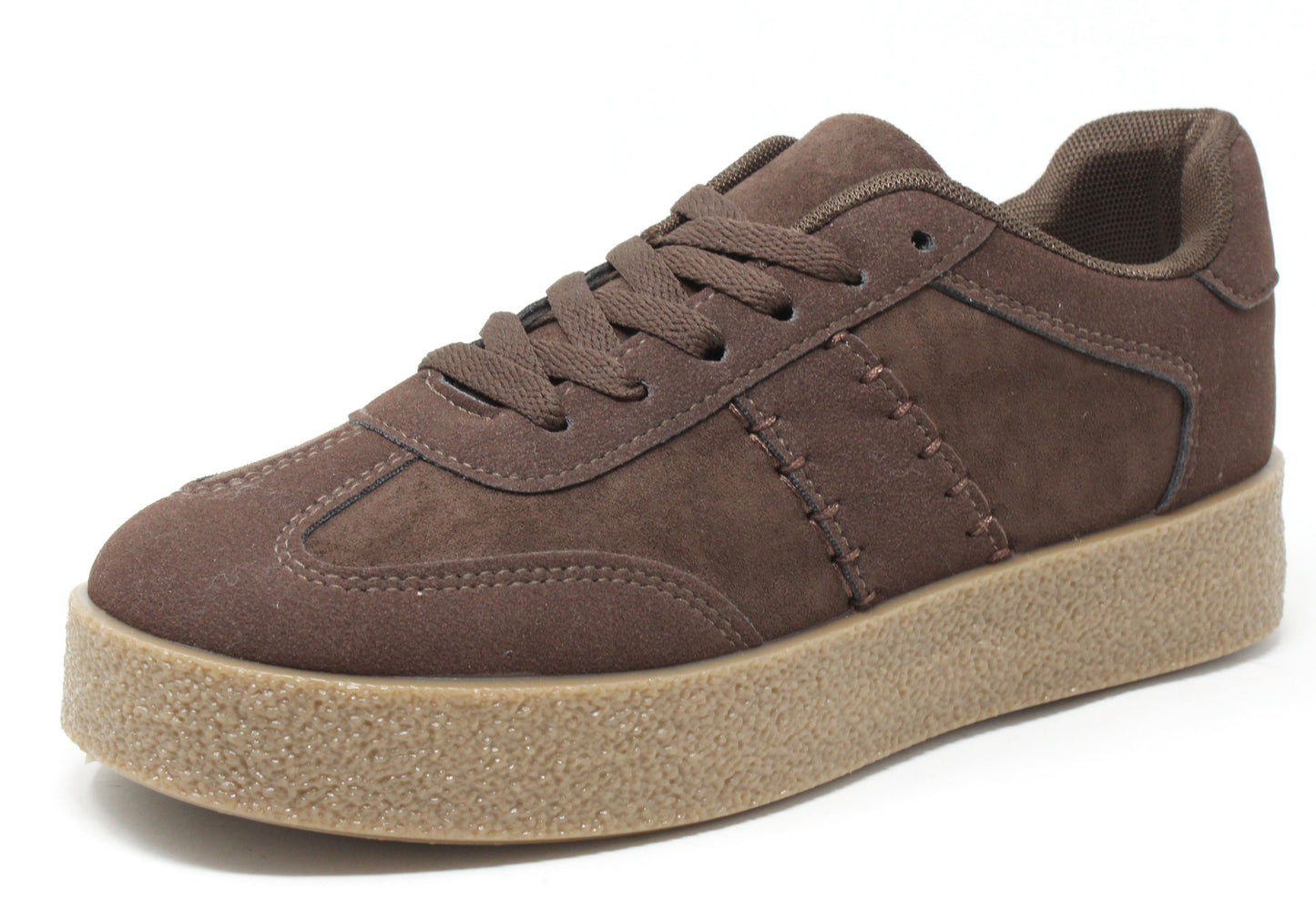 Brown suede sneaker with a beige sole on a white background