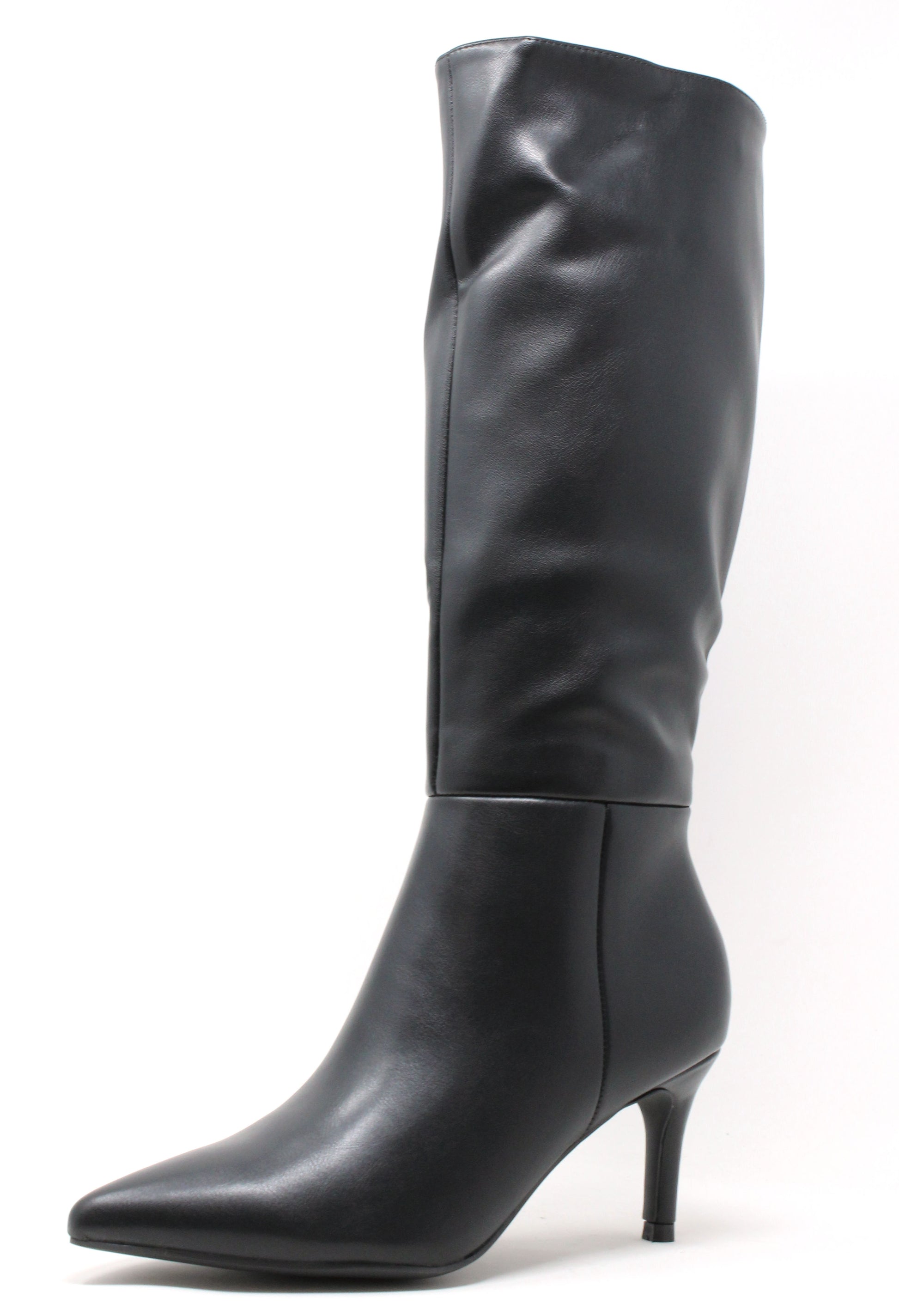 Black knee-high boot with a high heel on a white background