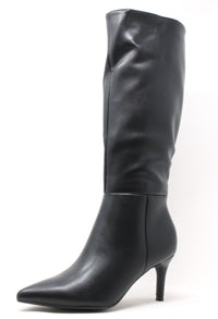Black knee-high boot with a high heel on a white background