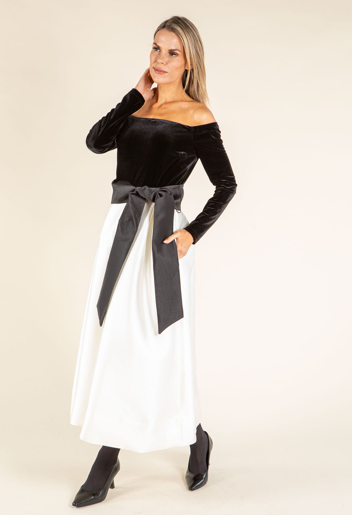 Off-Shoulder Velvet Midi Dress