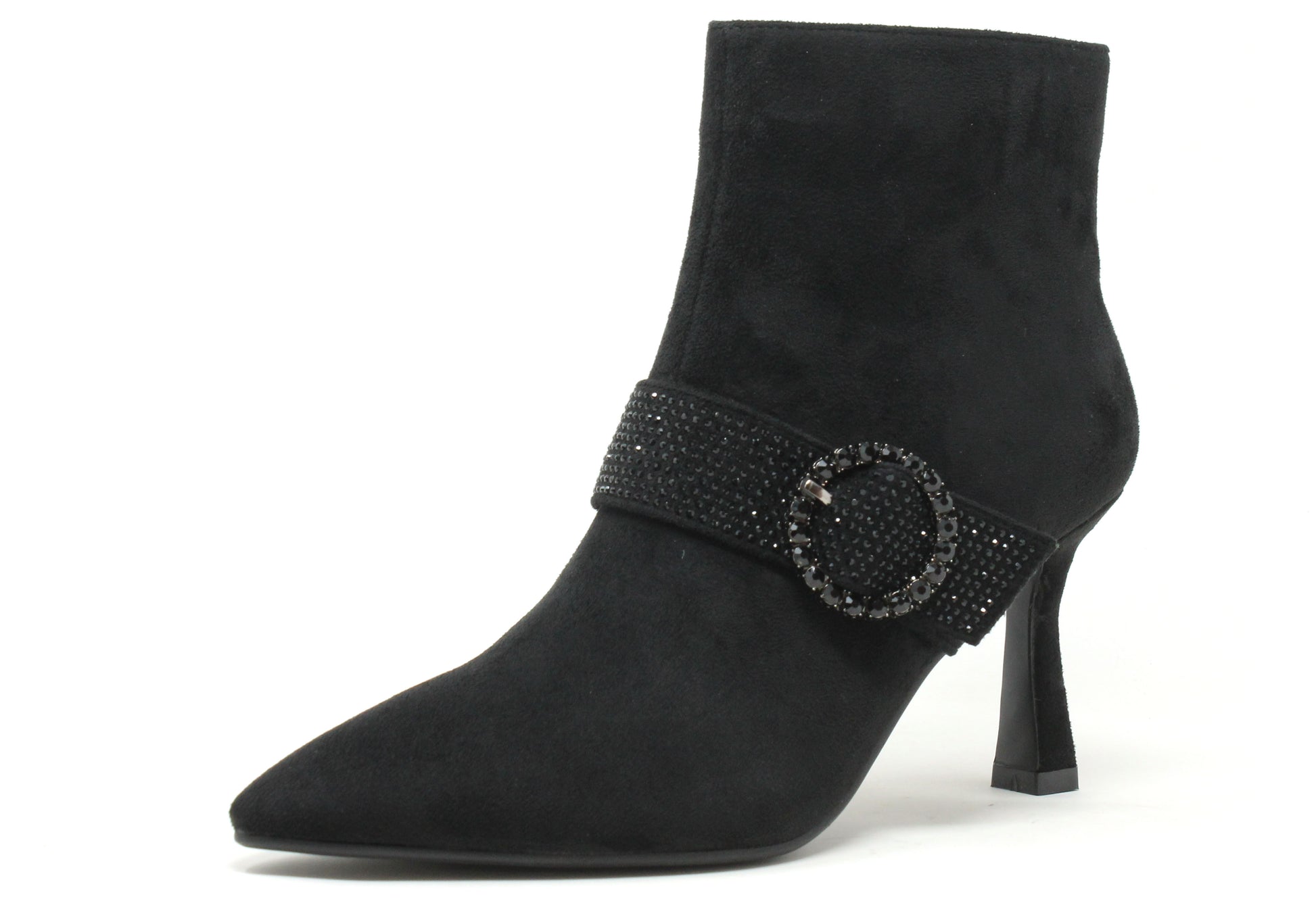 Black ankle boot with a decorative strap on a white background
