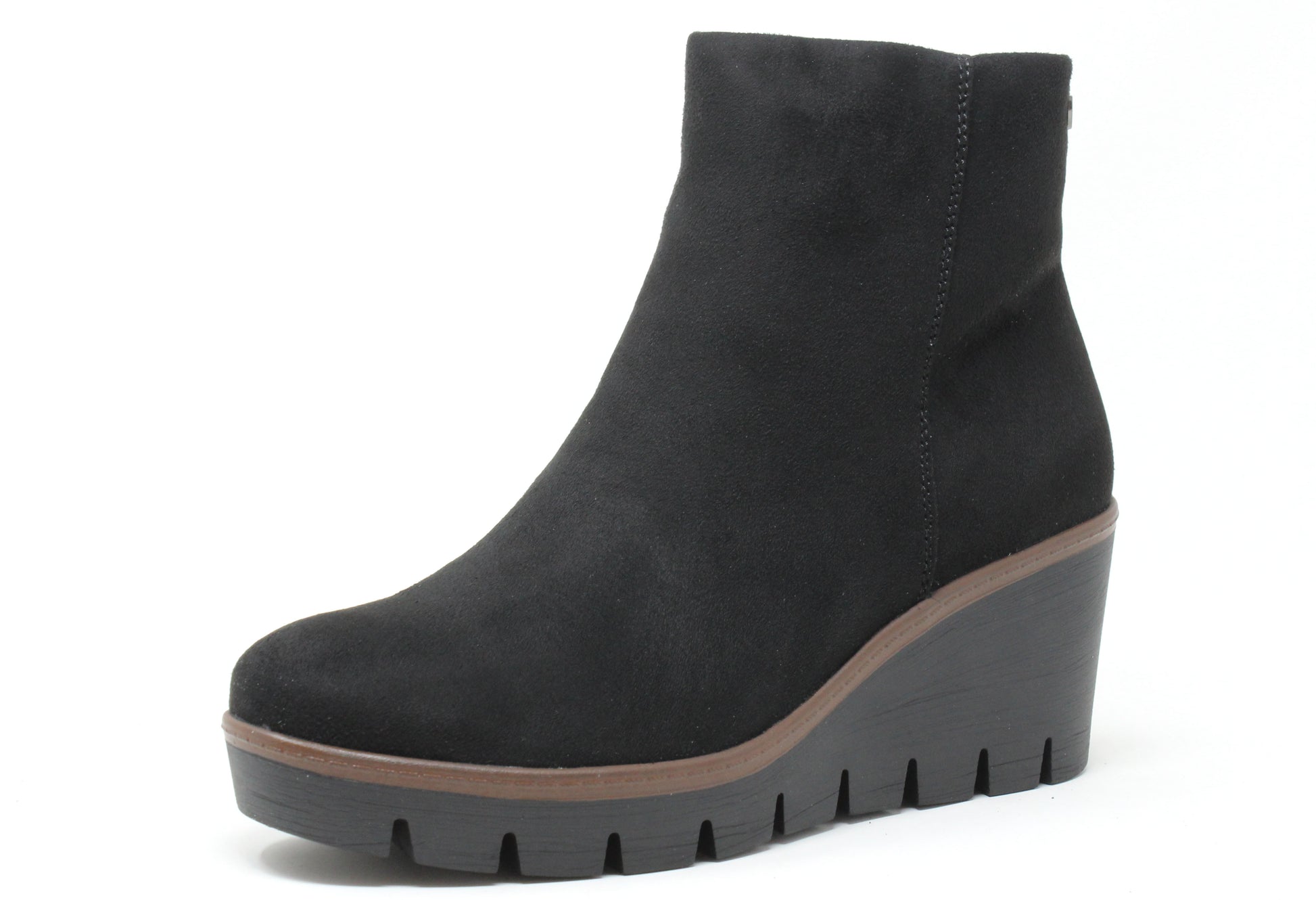 Black wedge ankle boot on a white background