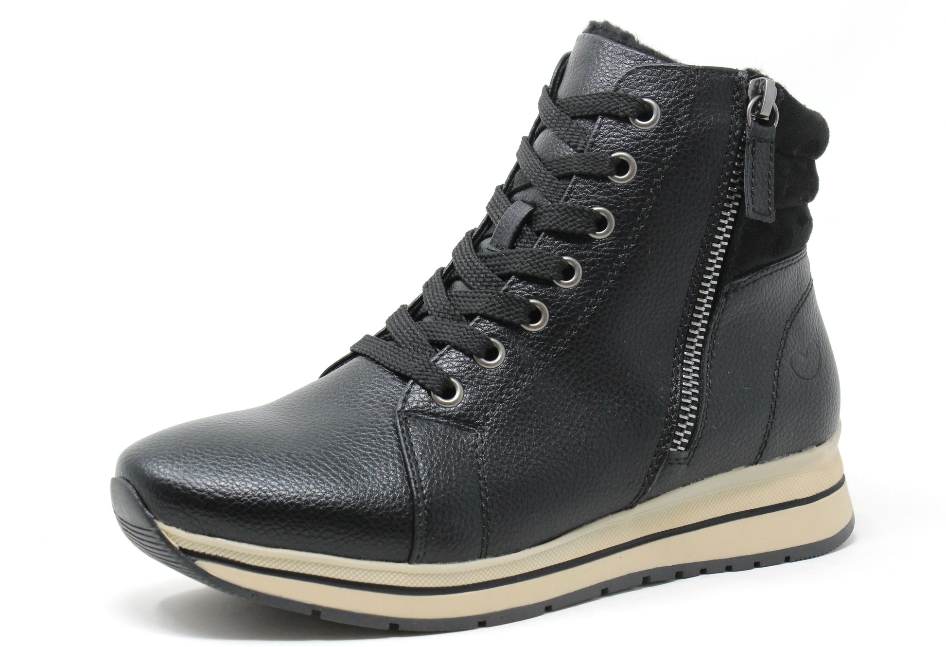 Black leather high-top sneaker with a zipper on a white background
