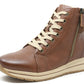 Brown leather boot with beige laces and sole on a white background