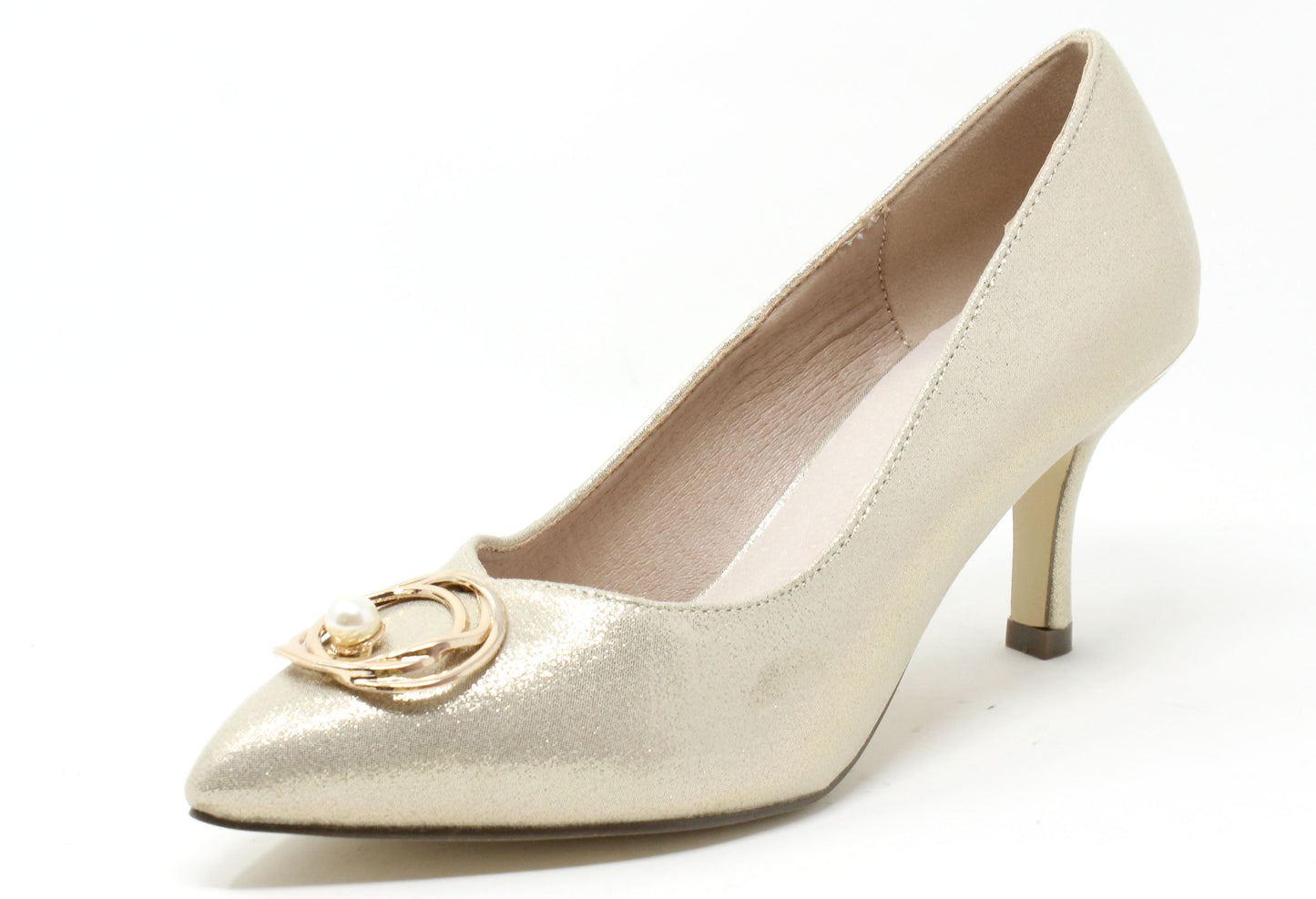 Gold high-heeled shoe with a decorative emblem on a white background