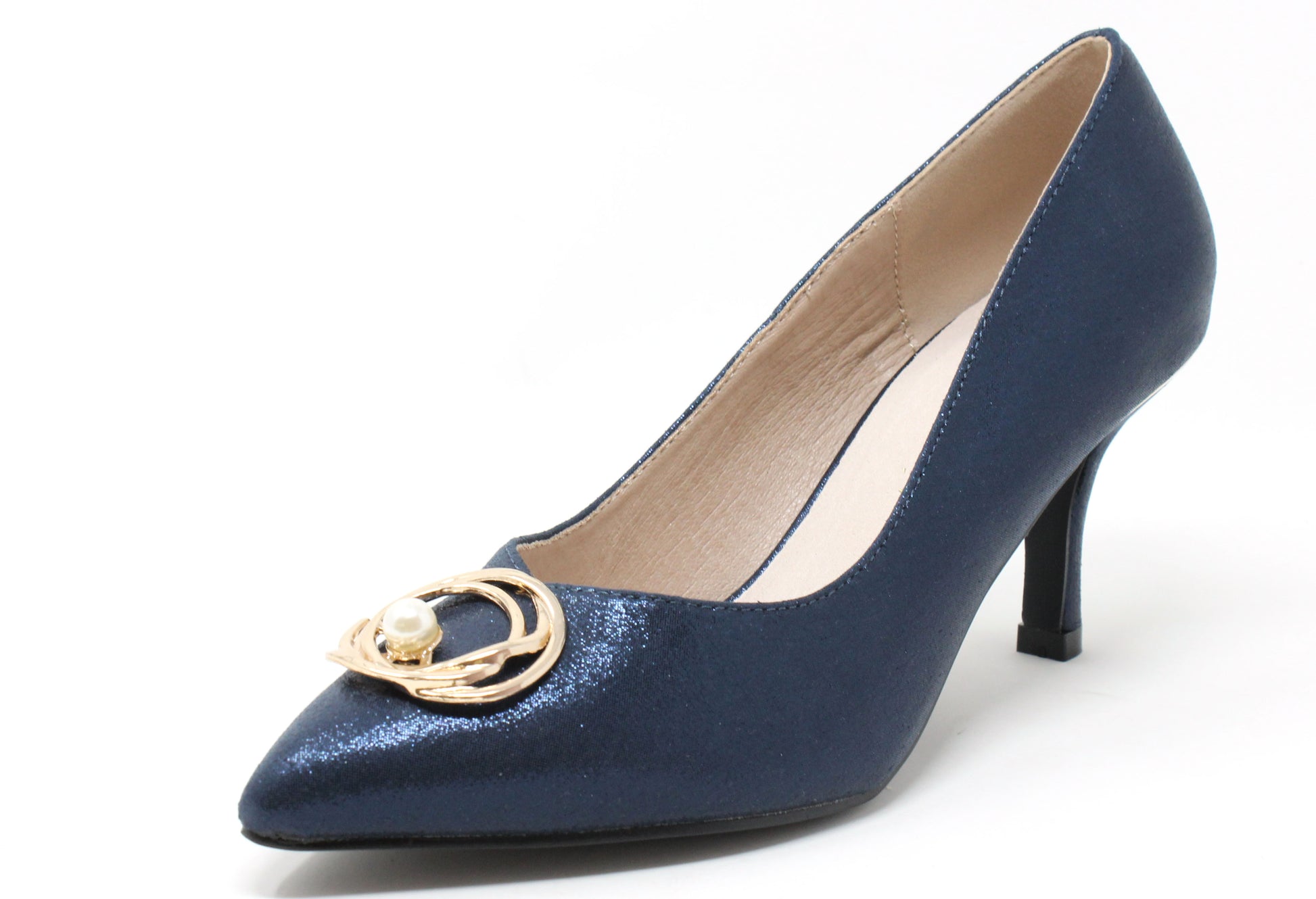 Blue high-heeled shoe with a gold buckle and pearl detail on a white background
