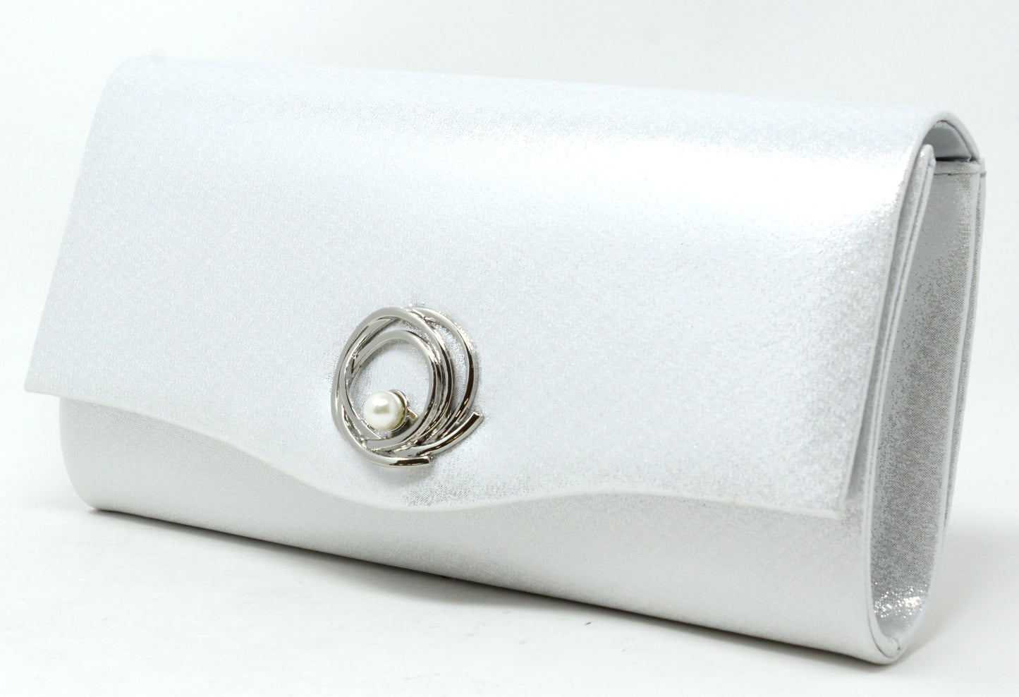 White clutch bag with silver clasp on a white background