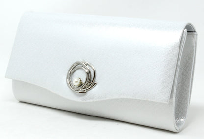White clutch bag with silver clasp on a white background