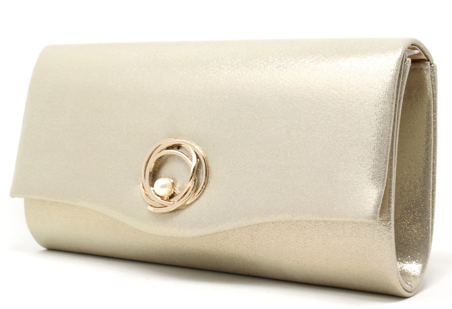 Gold clutch bag with a decorative ring on a white background