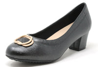 Black shoe with a gold buckle on a white background