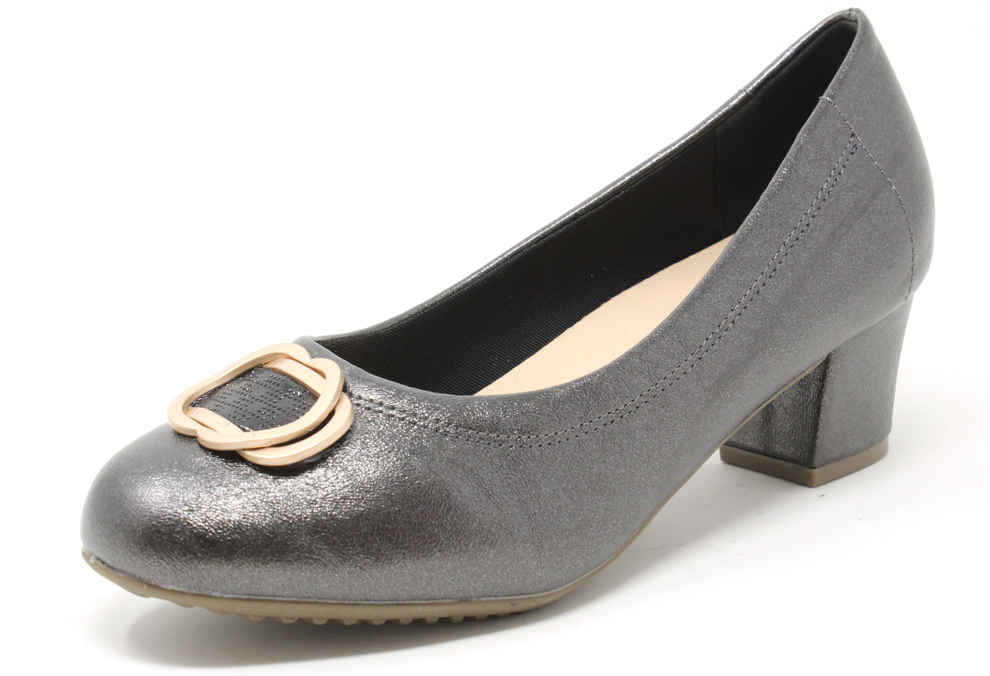 Gray shoe with a gold buckle on a white background